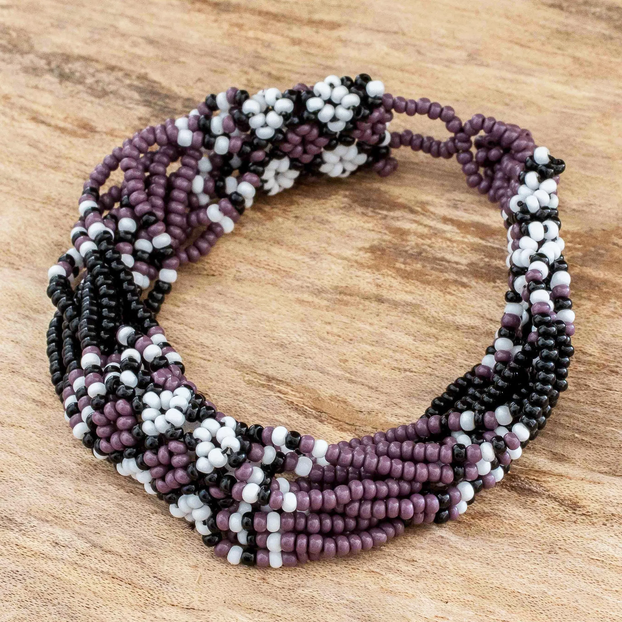 Hand Beaded Glass Bracelet - Flower Harmony in Plum | NOVICA