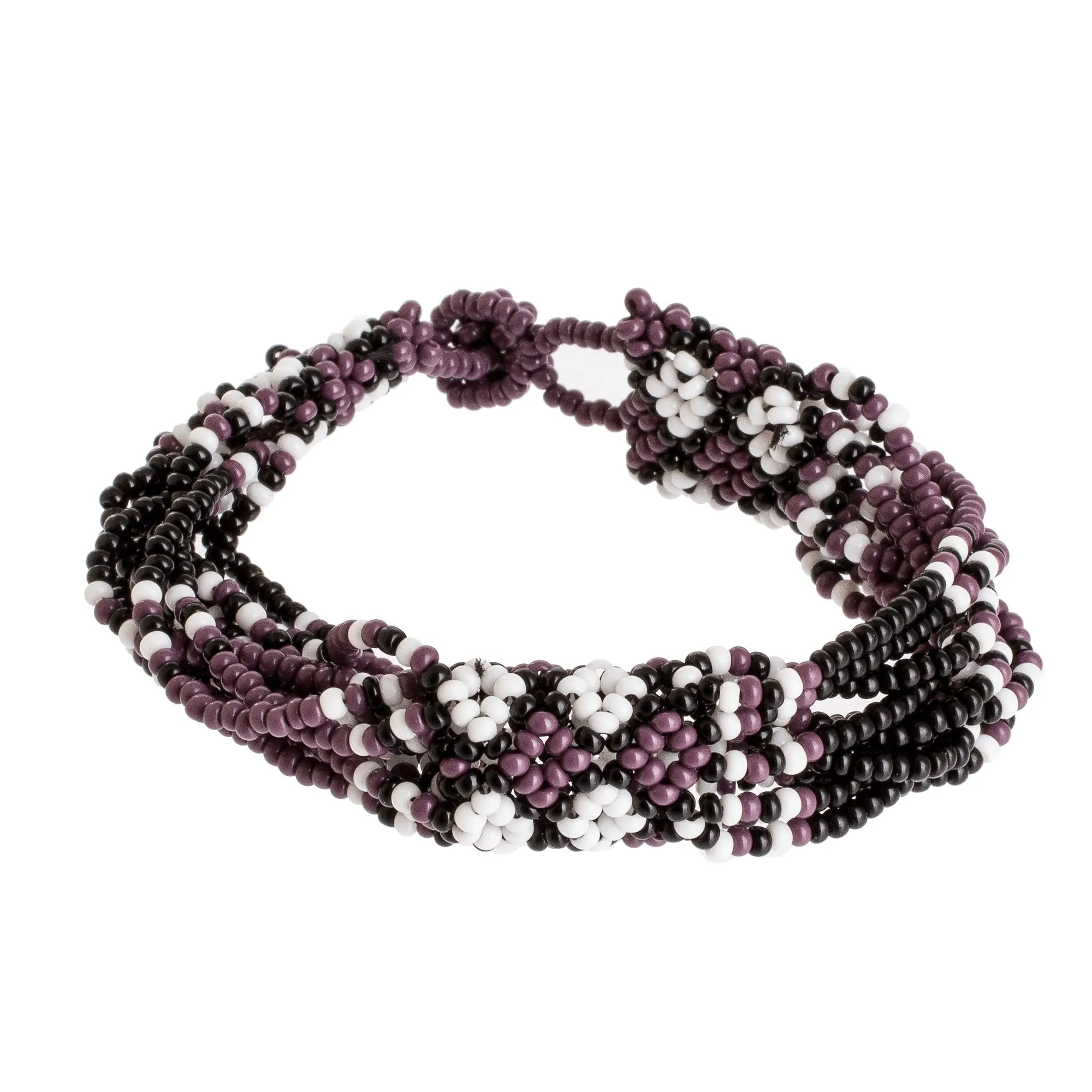 Hand Beaded Glass Bracelet - Flower Harmony in Plum | NOVICA