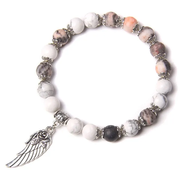 Handmade Silver Color Rose Angel Wing Pendant Bracelet Natural Pink Quartz Crystal Beads Charm Bracelet Women Romantic Jewelry