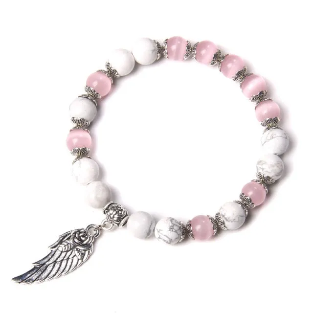 Handmade Silver Color Rose Angel Wing Pendant Bracelet Natural Pink Quartz Crystal Beads Charm Bracelet Women Romantic Jewelry