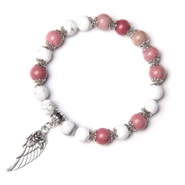 Handmade Silver Color Rose Angel Wing Pendant Bracelet Natural Pink Quartz Crystal Beads Charm Bracelet Women Romantic Jewelry