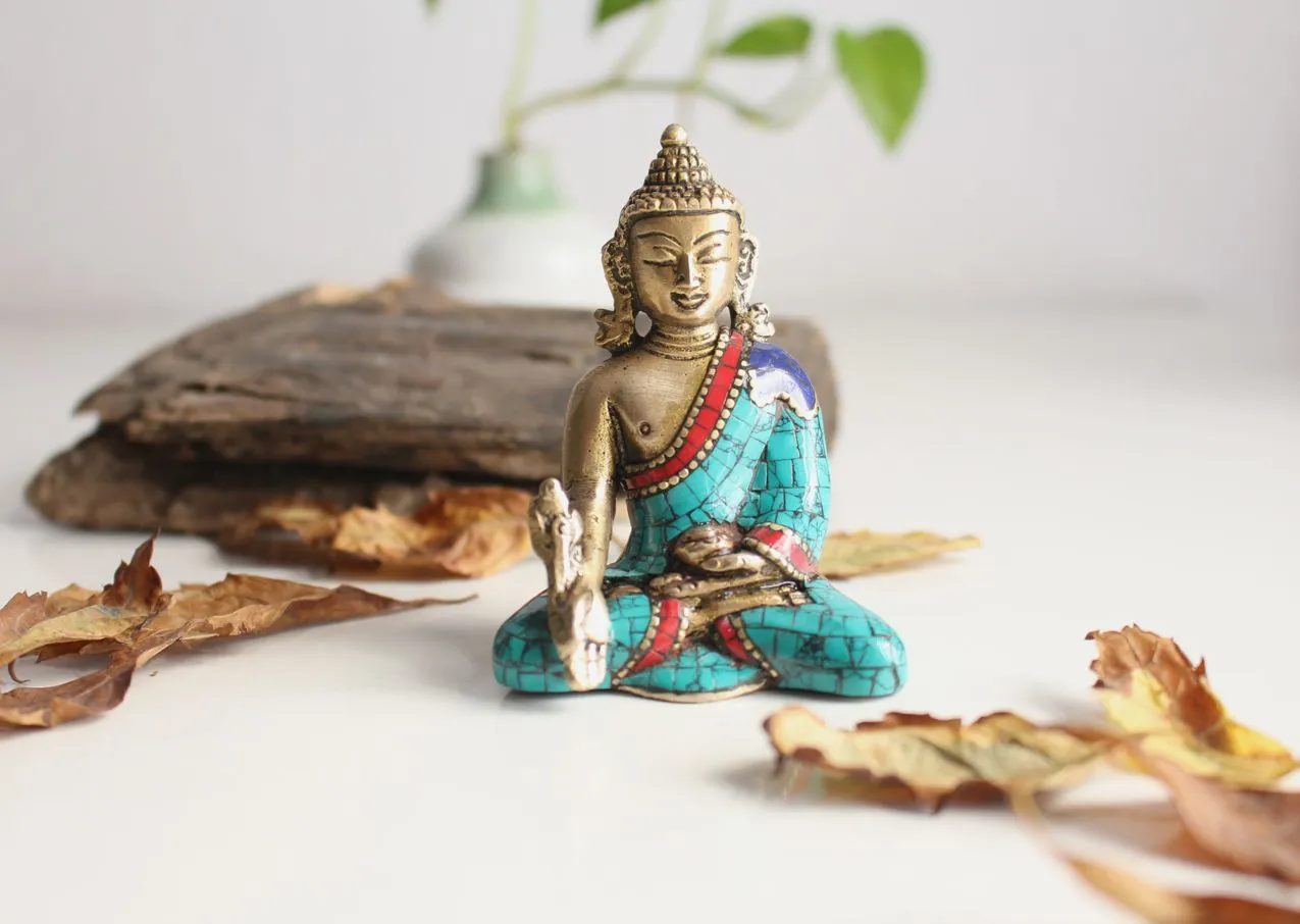 Healing Medicine Buddha Brass Statue Adorning a jeweled Robe 3"