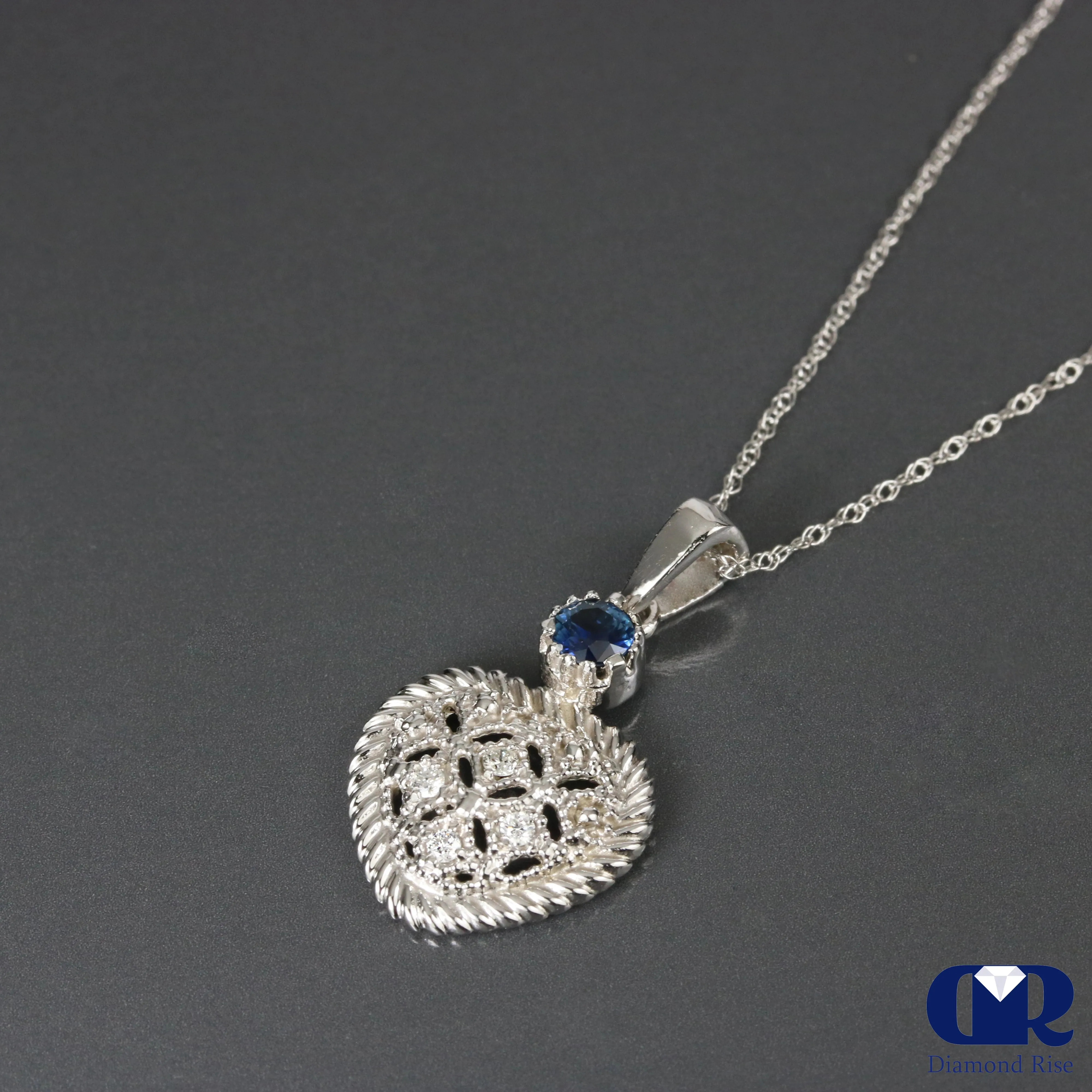 Heart Shaped Diamond & Sapphire Pendant Necklace 14K White Gold W/Chain