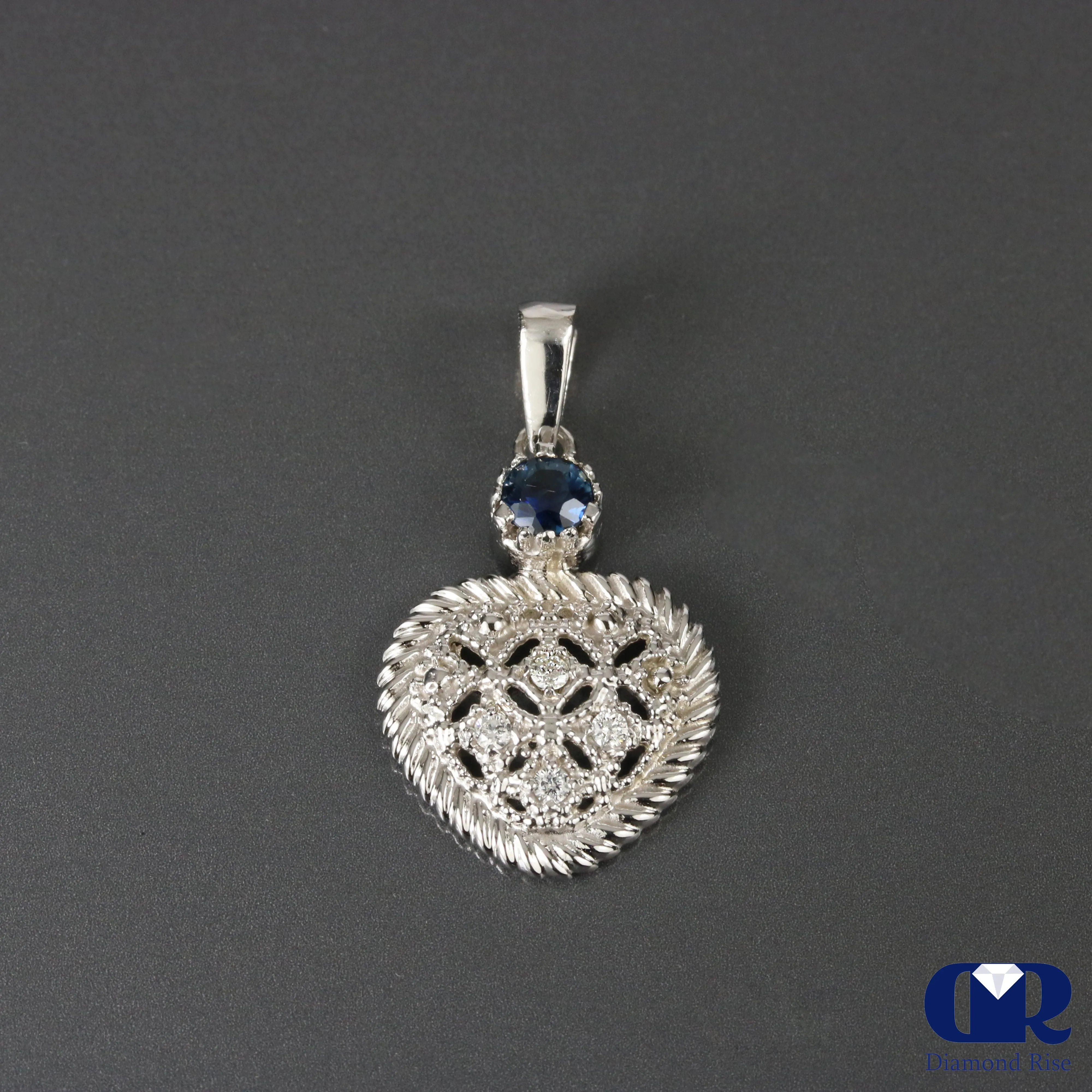 Heart Shaped Diamond & Sapphire Pendant Necklace 14K White Gold W/Chain