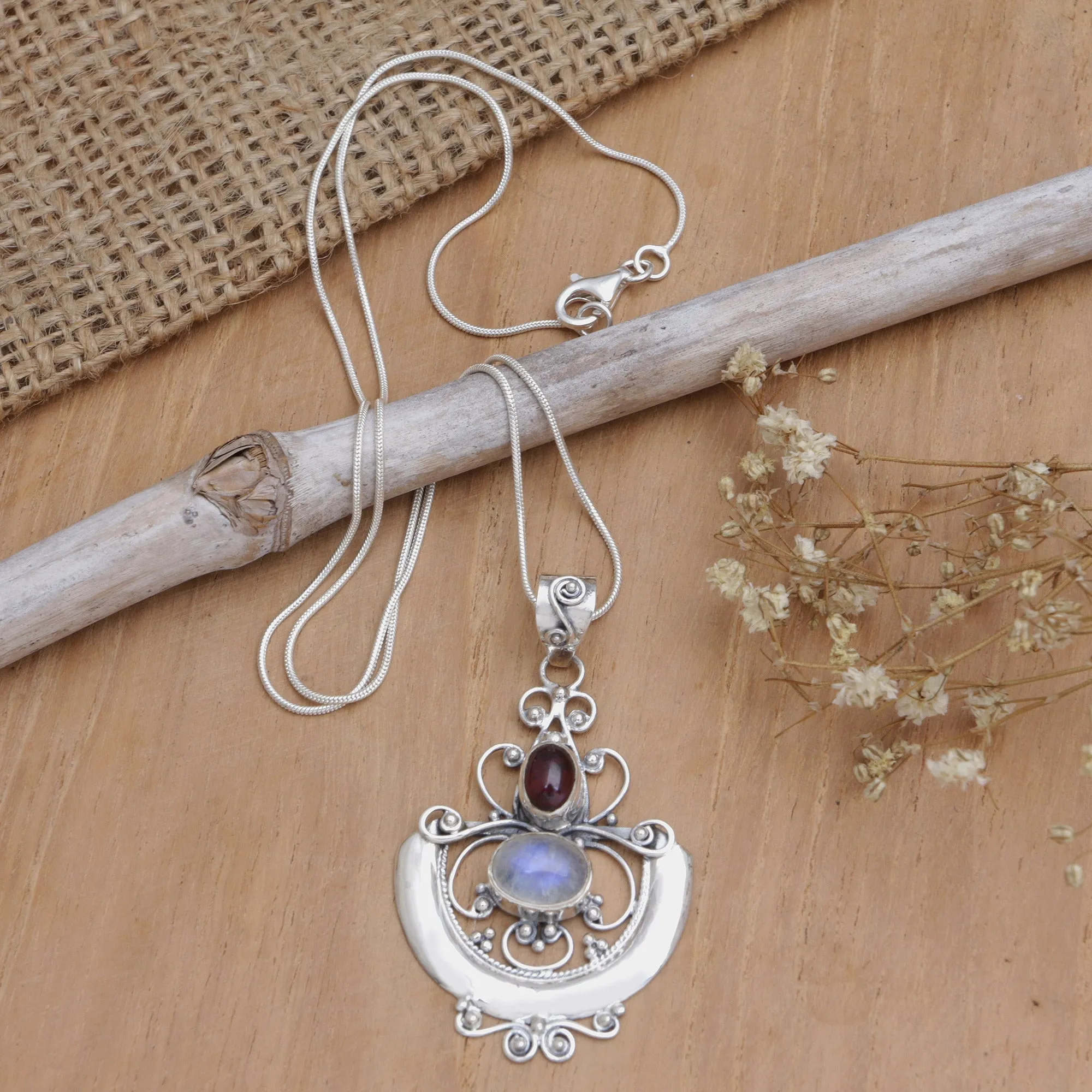 Indonesian Sterling Silver and Rainbow Moonstone Necklace - Arabesque | NOVICA