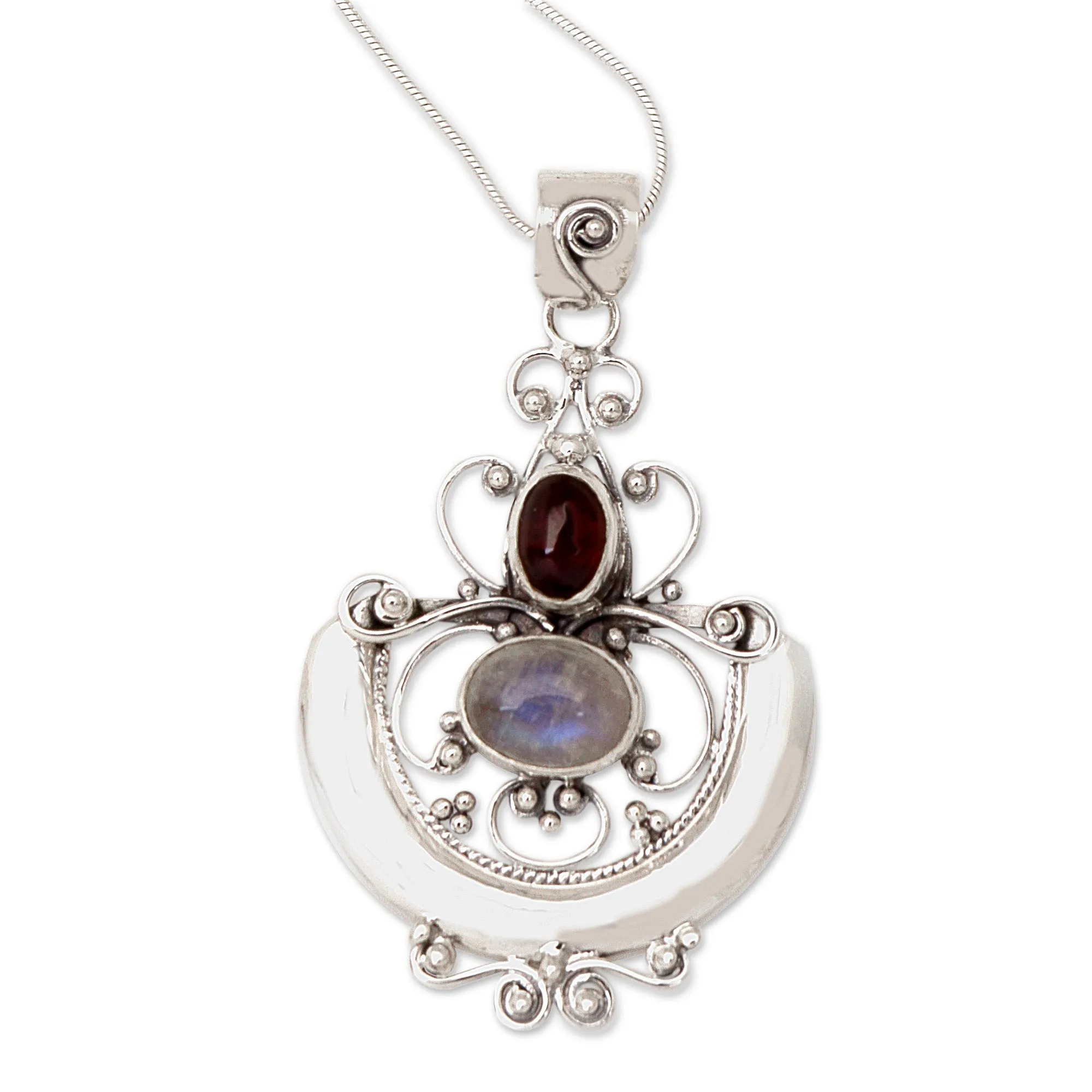 Indonesian Sterling Silver and Rainbow Moonstone Necklace - Arabesque | NOVICA