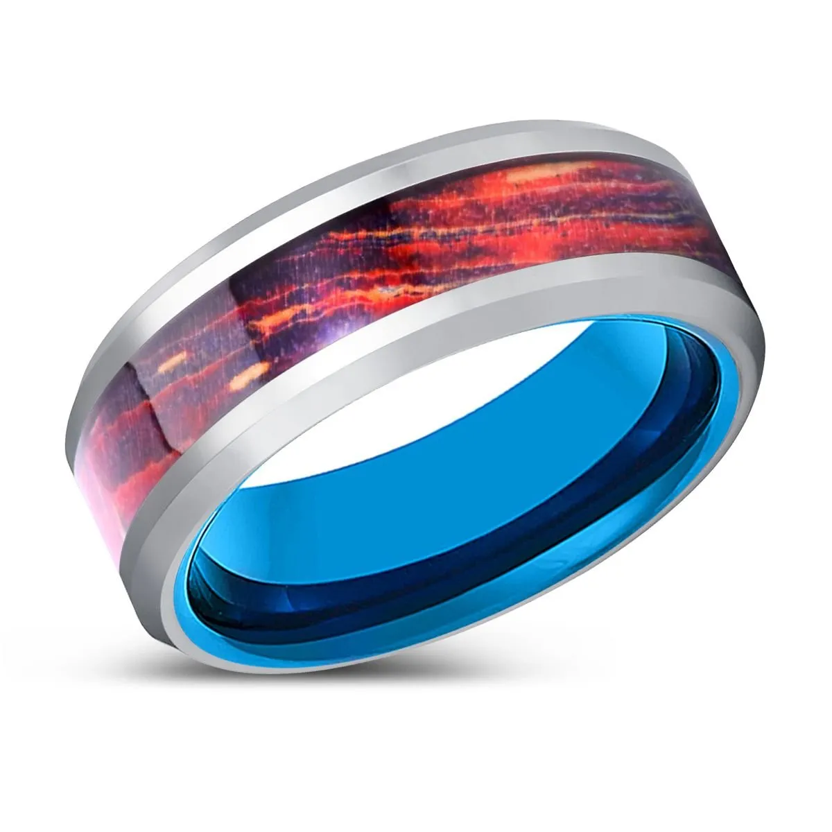 INFINITH | Blue Tungsten Ring, Silver Tungsten, Galaxy Wood Inlay, Beveled