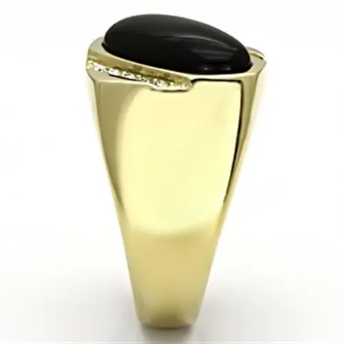 IP Gold(Ion Plating) Stainless Steel Ring with Semi-Precious Onyx in Jet for Women Style TK716