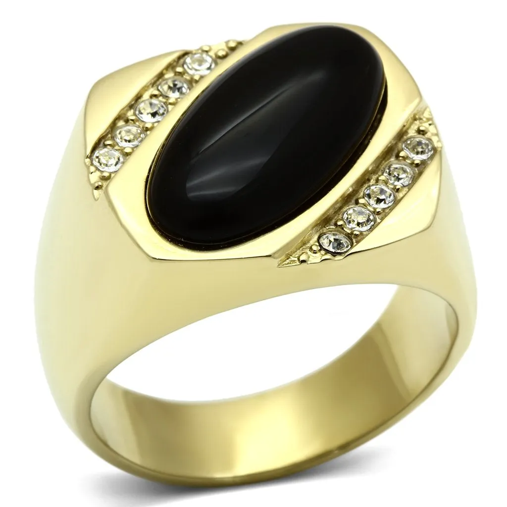 IP Gold(Ion Plating) Stainless Steel Ring with Semi-Precious Onyx in Jet for Women Style TK716