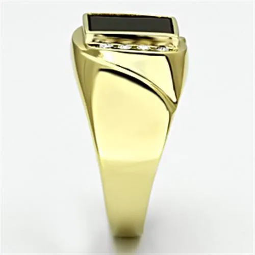 IP Gold(Ion Plating) Stainless Steel Ring with Semi-Precious Onyx in Jet for Women Style TK722