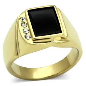 IP Gold(Ion Plating) Stainless Steel Ring with Semi-Precious Onyx in Jet for Women Style TK722