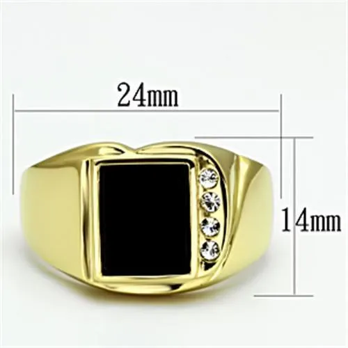 IP Gold(Ion Plating) Stainless Steel Ring with Semi-Precious Onyx in Jet for Women Style TK722