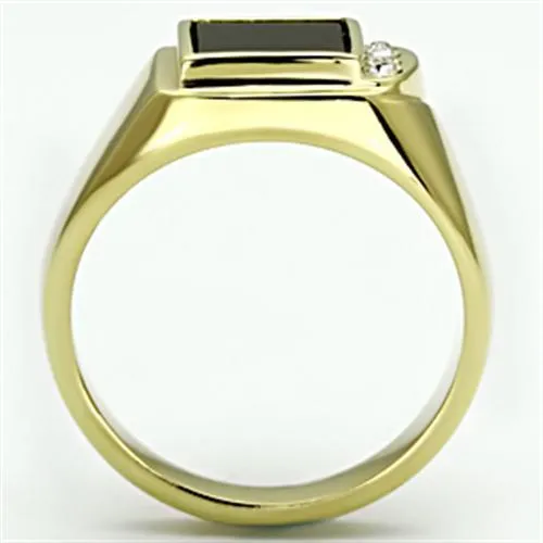 IP Gold(Ion Plating) Stainless Steel Ring with Semi-Precious Onyx in Jet for Women Style TK722