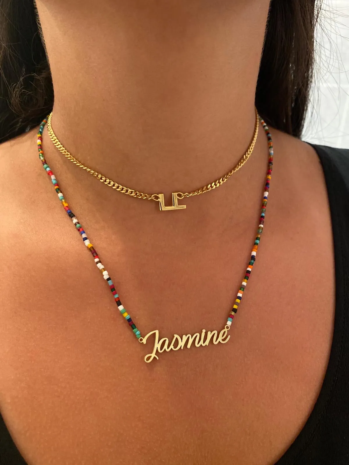 Jasmine Script Beaded Nameplate Necklace