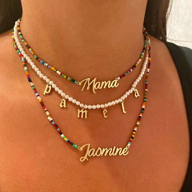 Jasmine Script Beaded Nameplate Necklace