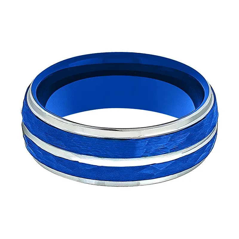 KAMIKAZE | Blue Tungsten Ring, Silver Groove, Domed