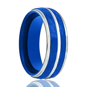 KAMIKAZE | Blue Tungsten Ring, Silver Groove, Domed