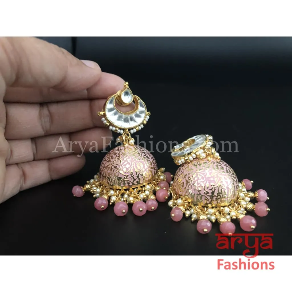 Kundan Jhumka Earrings with Pink and Golden Meenakari