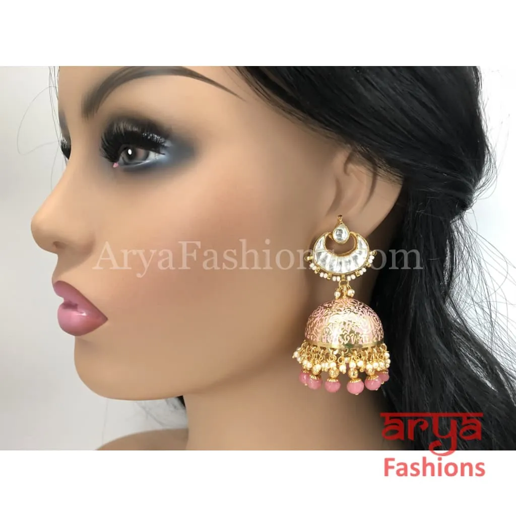 Kundan Jhumka Earrings with Pink and Golden Meenakari