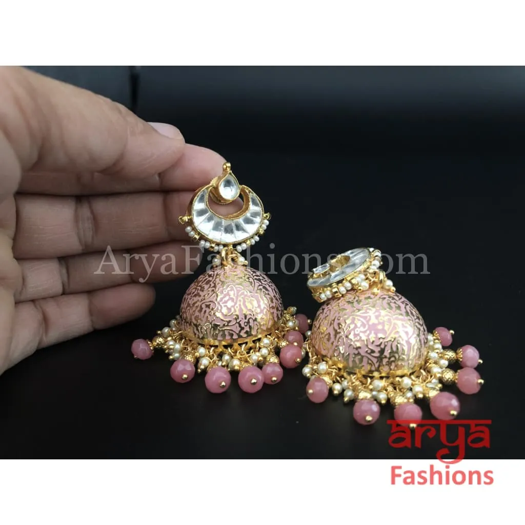 Kundan Jhumka Earrings with Pink and Golden Meenakari