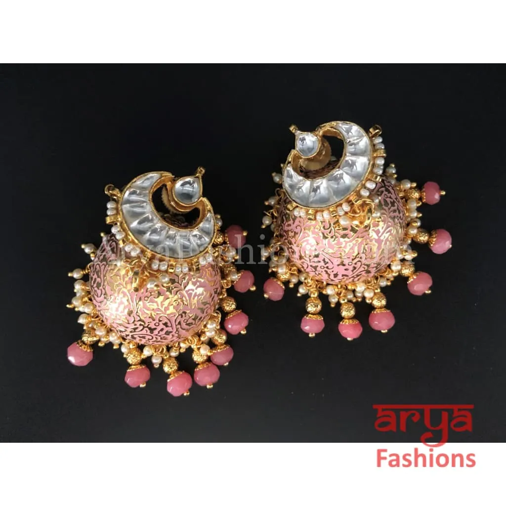 Kundan Jhumka Earrings with Pink and Golden Meenakari