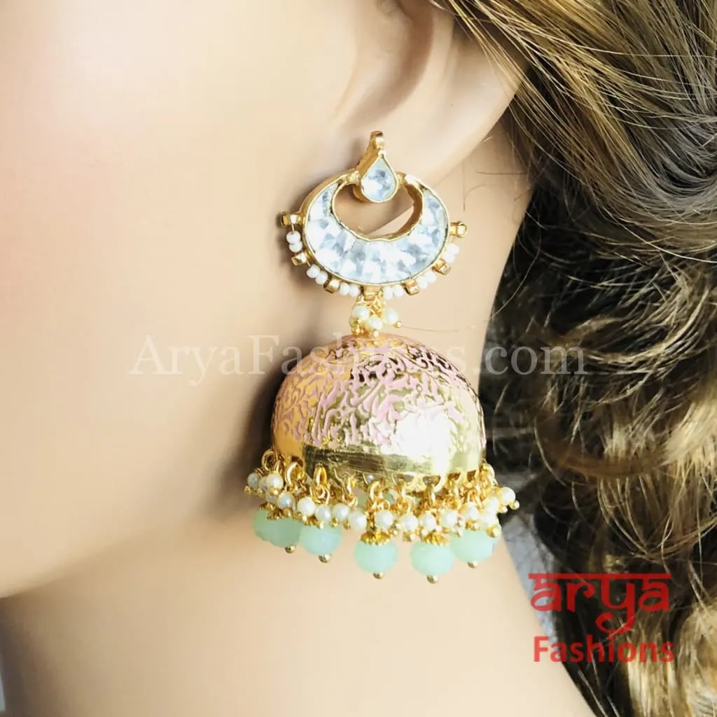 Kundan Jhumka Earrings with Pink and Golden Meenakari