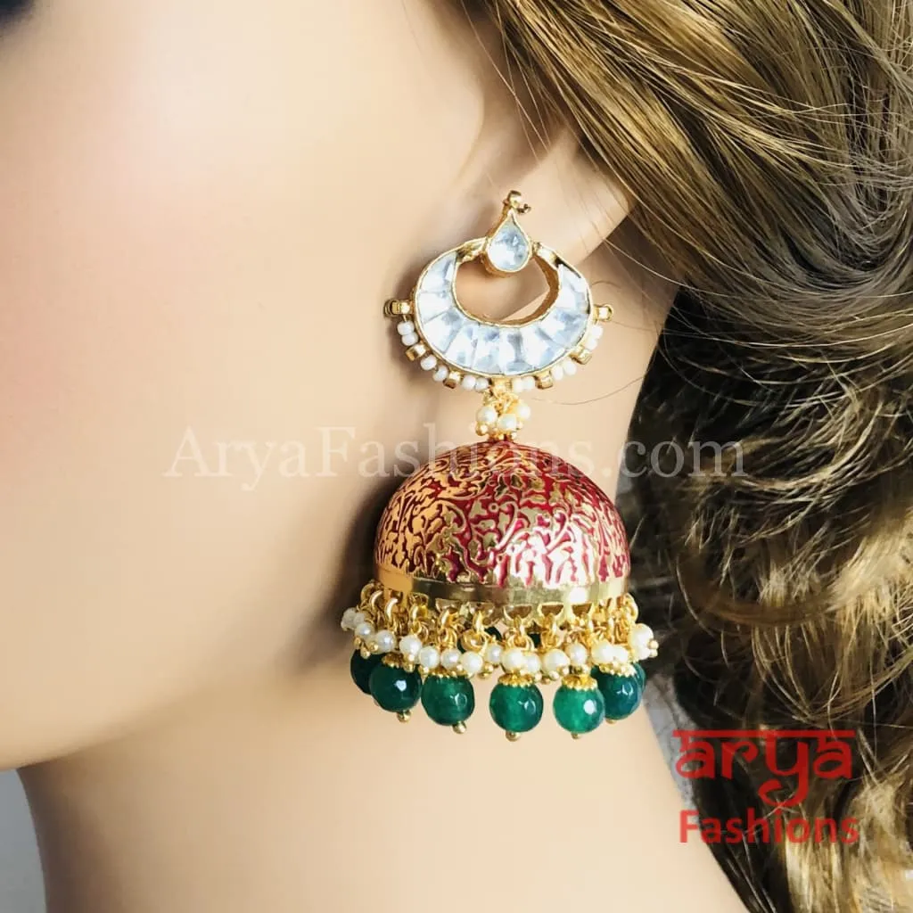 Kundan Jhumka Earrings with Pink and Golden Meenakari