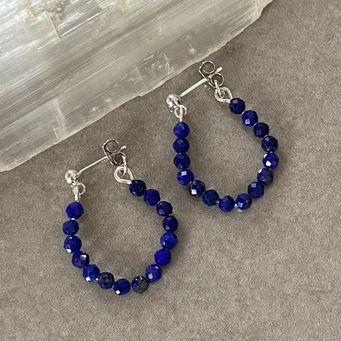 Lapis Lazuli Stud Hoop Sterling Silver Earrings