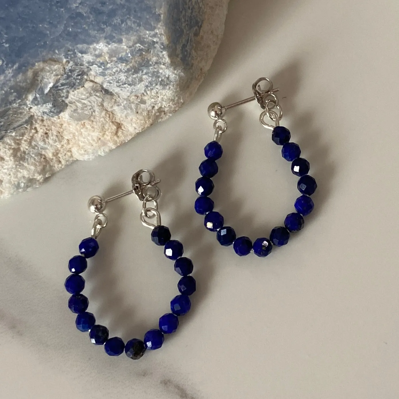 Lapis Lazuli Stud Hoop Sterling Silver Earrings