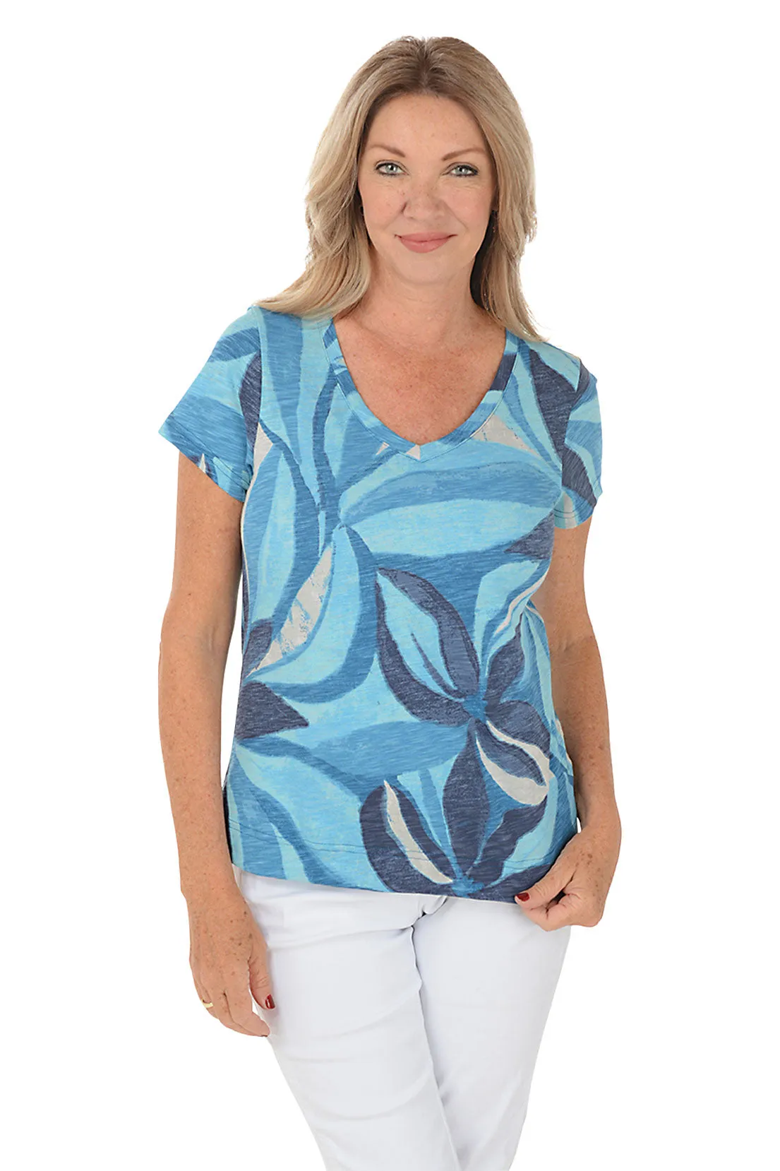 Lapis Swirling Petals V-Neck Tee