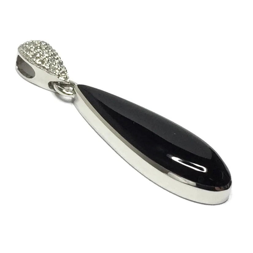 Large Onyx Tear Drop Inlaid .11Ctw Diamond Pendant