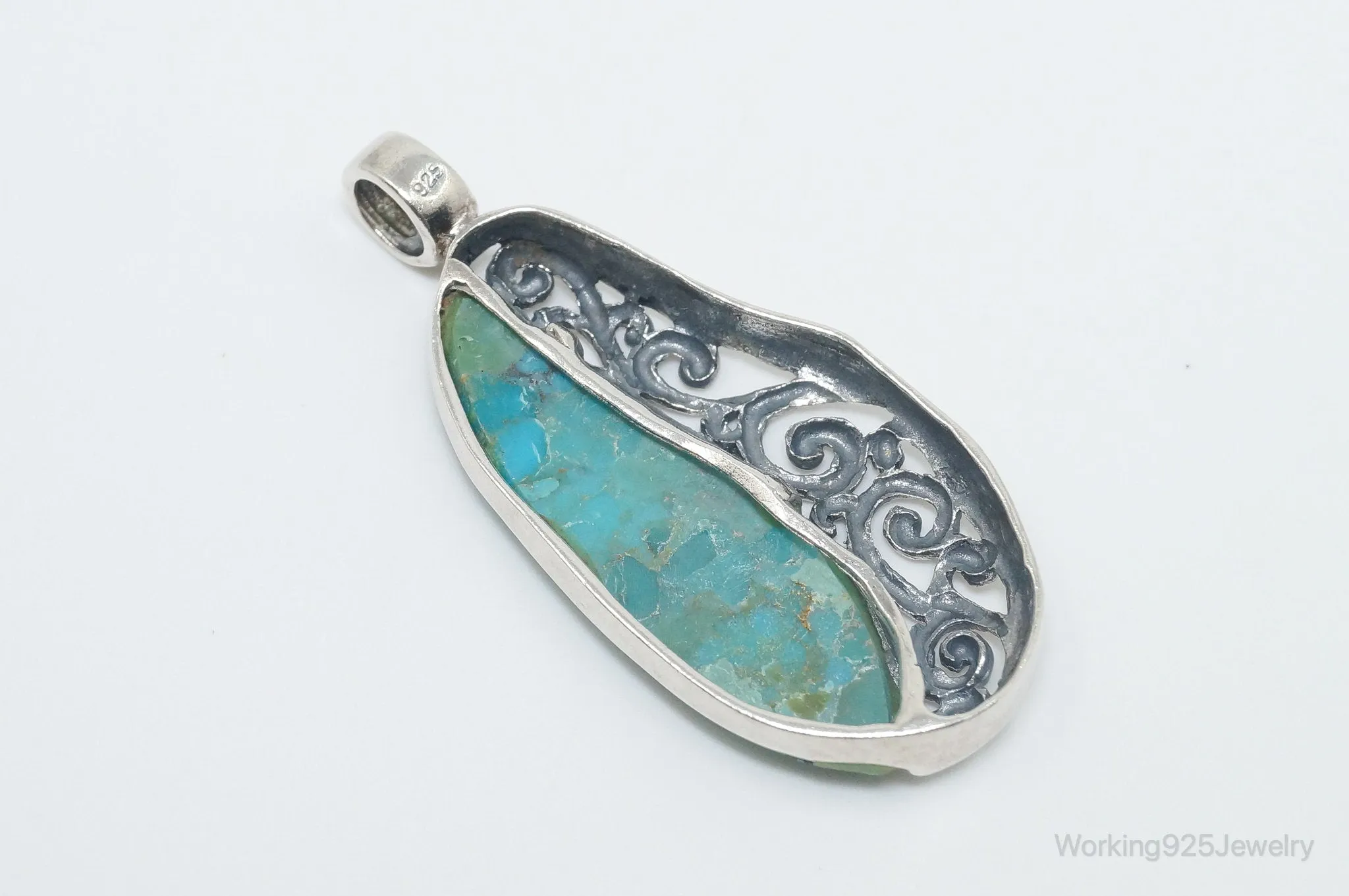 Large Vintage Turquoise Scroll Sterling Silver Southwestern Pendant