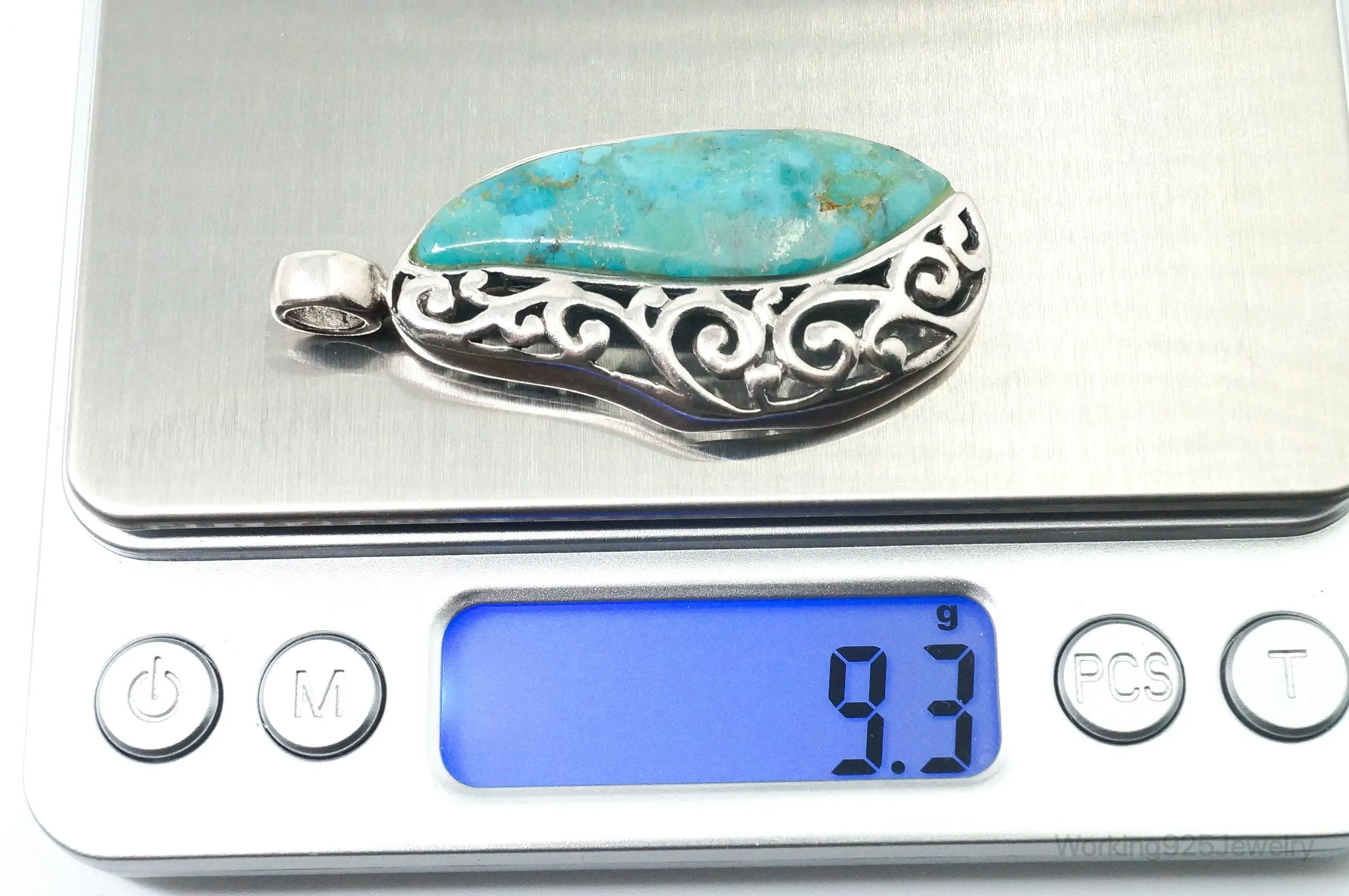 Large Vintage Turquoise Scroll Sterling Silver Southwestern Pendant