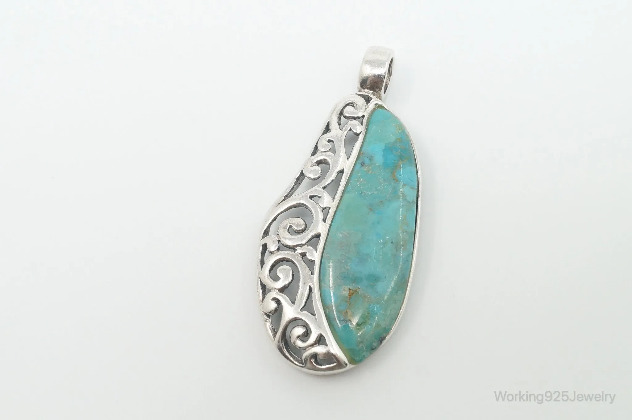 Large Vintage Turquoise Scroll Sterling Silver Southwestern Pendant