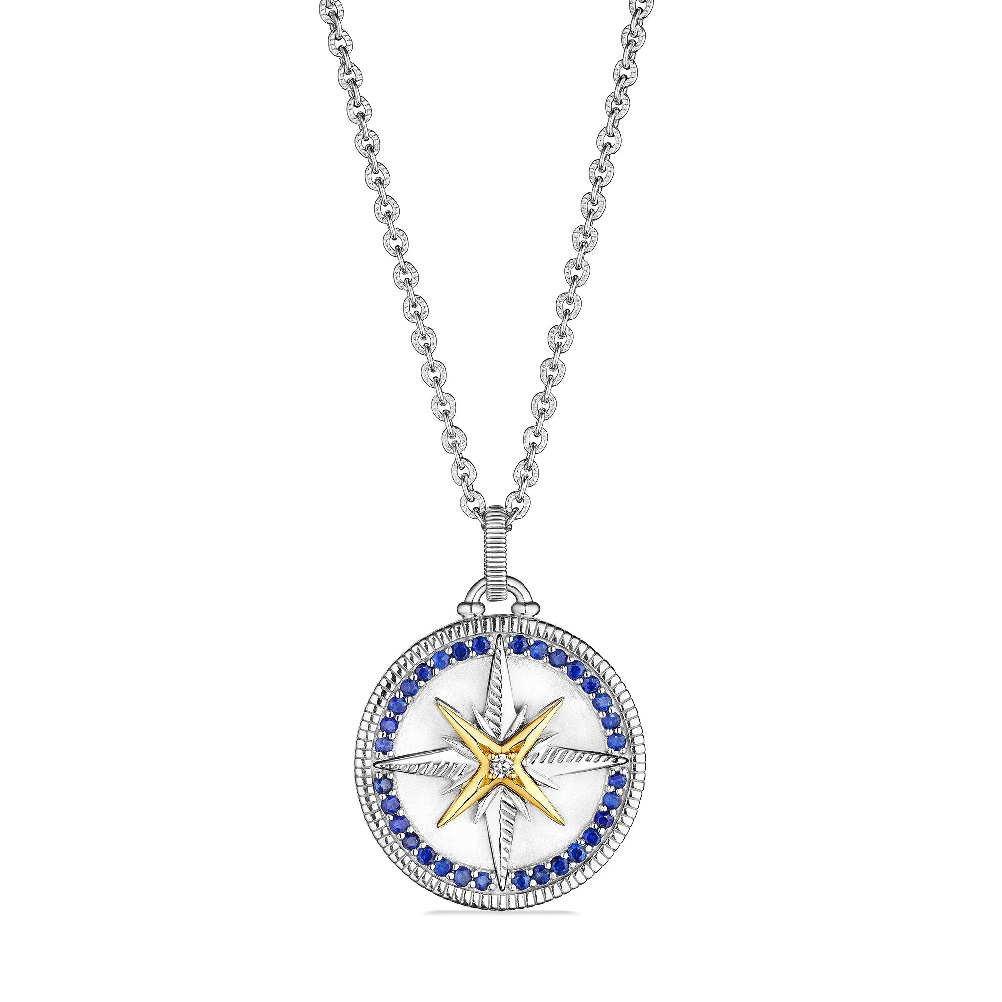 Little Luxuries Long North Star Medallion Necklace with Blue Sapphire, Diamonds and 18K Gold