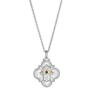 Little Luxuries Long Quatrefoil Hamsa Medallion Necklace with Blue Sapphire, Diamonds and 18K Gold