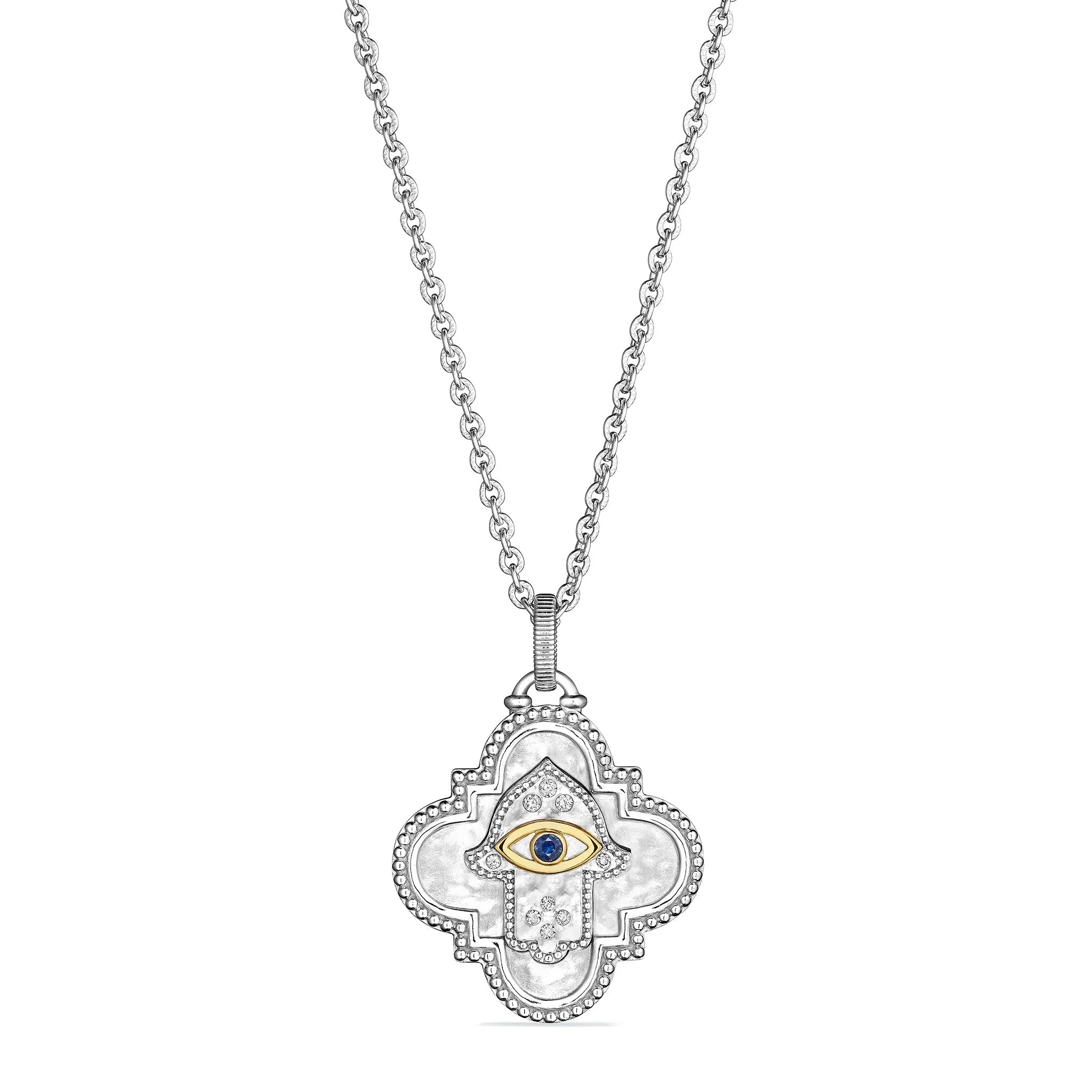 Little Luxuries Long Quatrefoil Hamsa Medallion Necklace with Blue Sapphire, Diamonds and 18K Gold