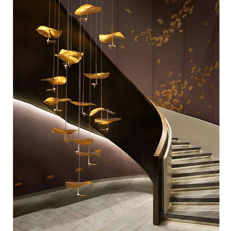 Luxurious Artistic Creativity All Copper Lotus Leaf Chandelier Designer Double Stair Hall Chandelier