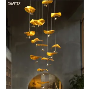 Luxurious Artistic Creativity All Copper Lotus Leaf Chandelier Designer Double Stair Hall Chandelier