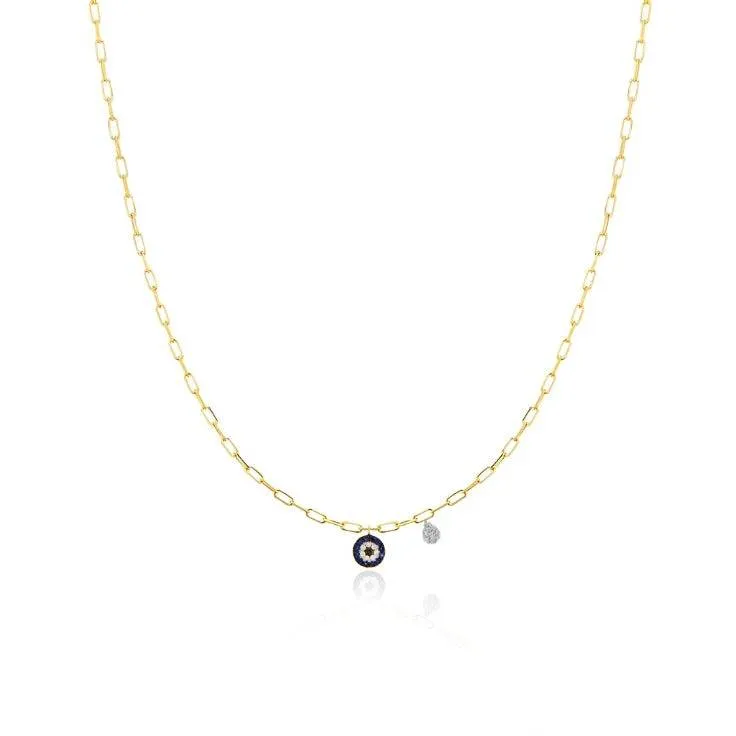 Meira T  Evil Eye Necklace with Yellow Gold Paperclip Chain