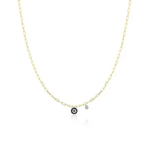 Meira T  Evil Eye Necklace with Yellow Gold Paperclip Chain