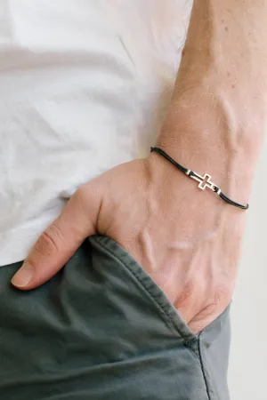 Men's bracelet with silver outline cross pendant, black cord, Christian gift for him