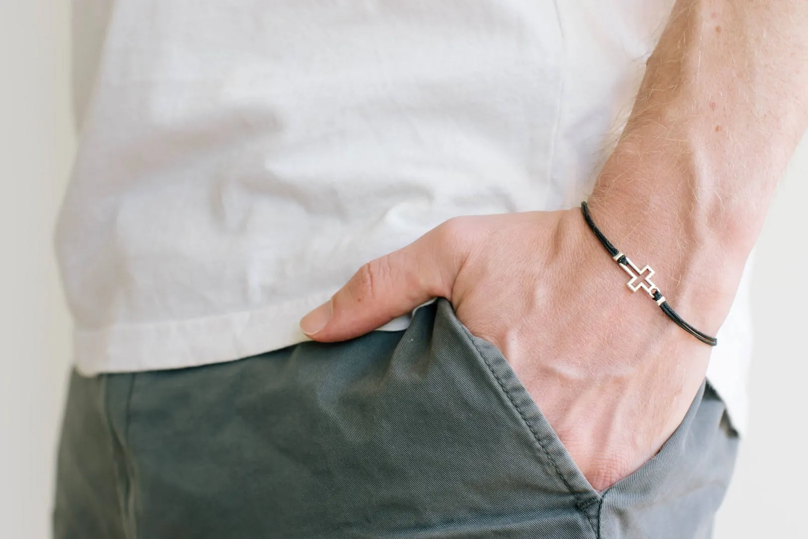 Men's bracelet with silver outline cross pendant, black cord, Christian gift for him