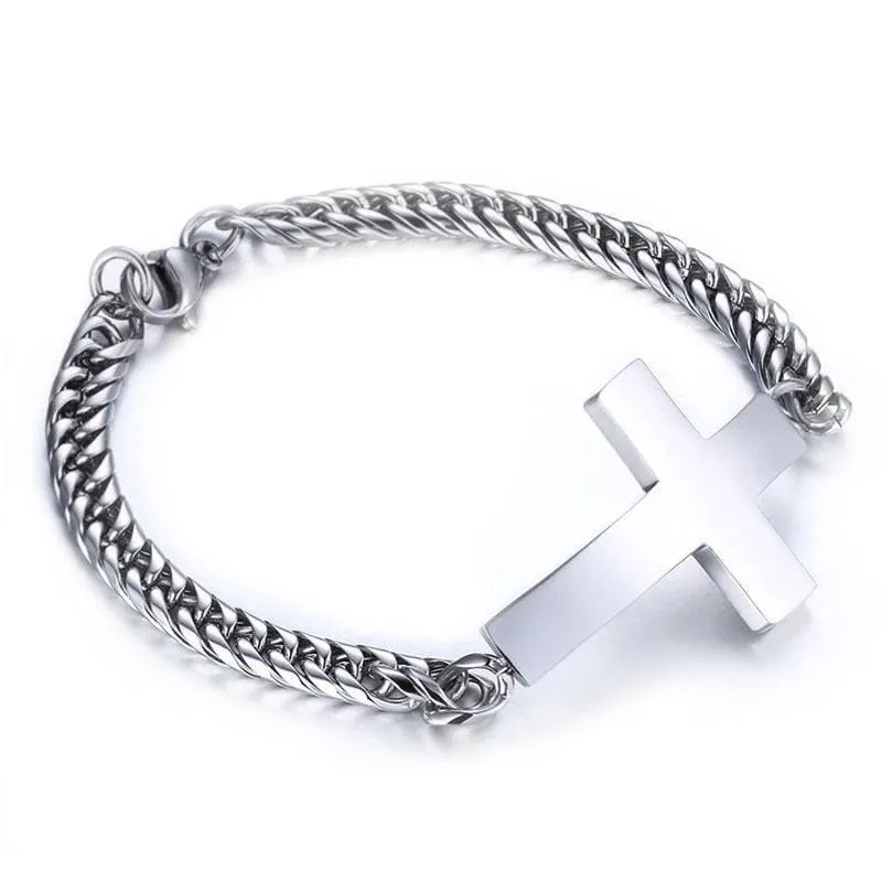 Men's Cross Bracelet <br> Steel Sideways Cross