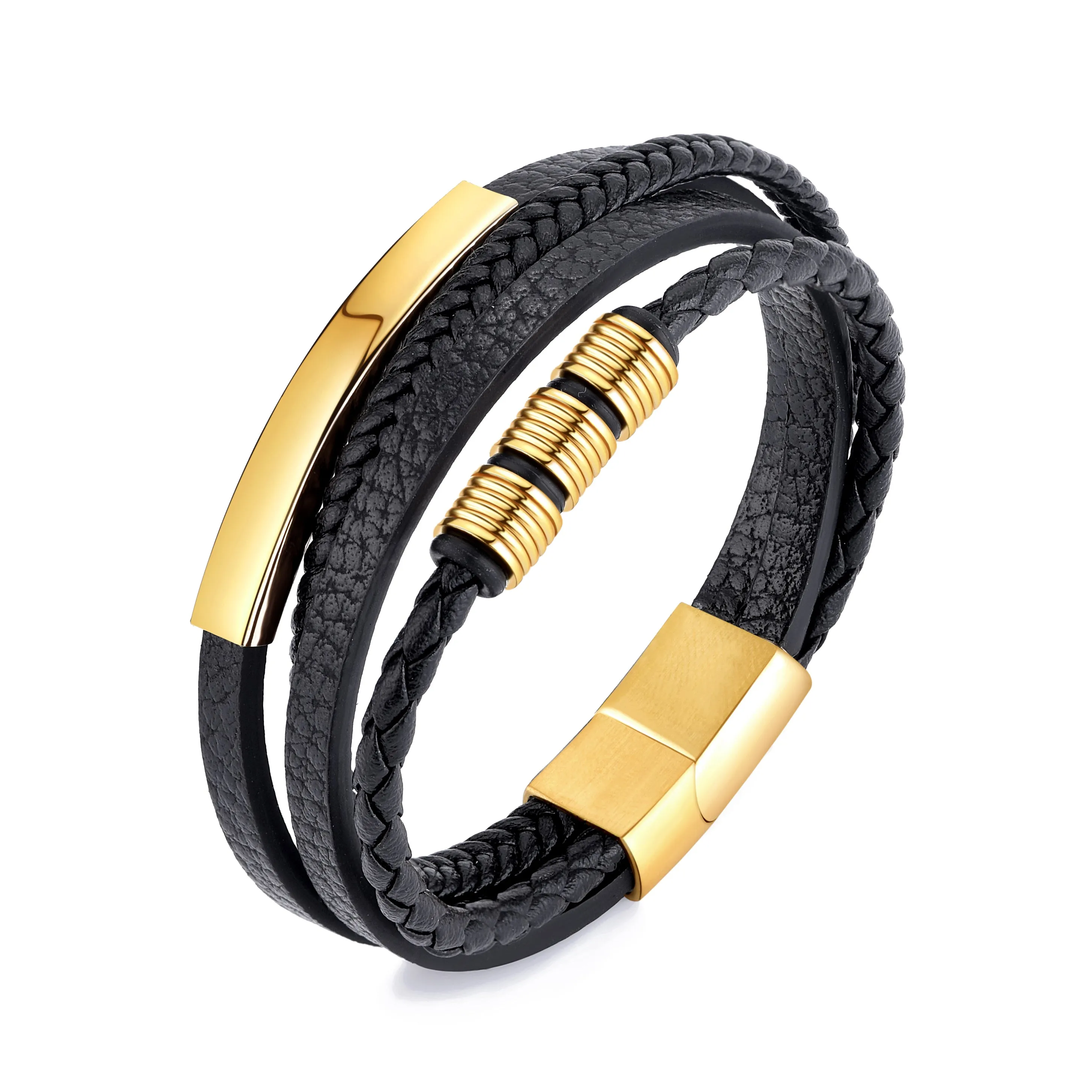 Men's Gold Plated Steel Genuine Black Leather Double Braided Bracelet