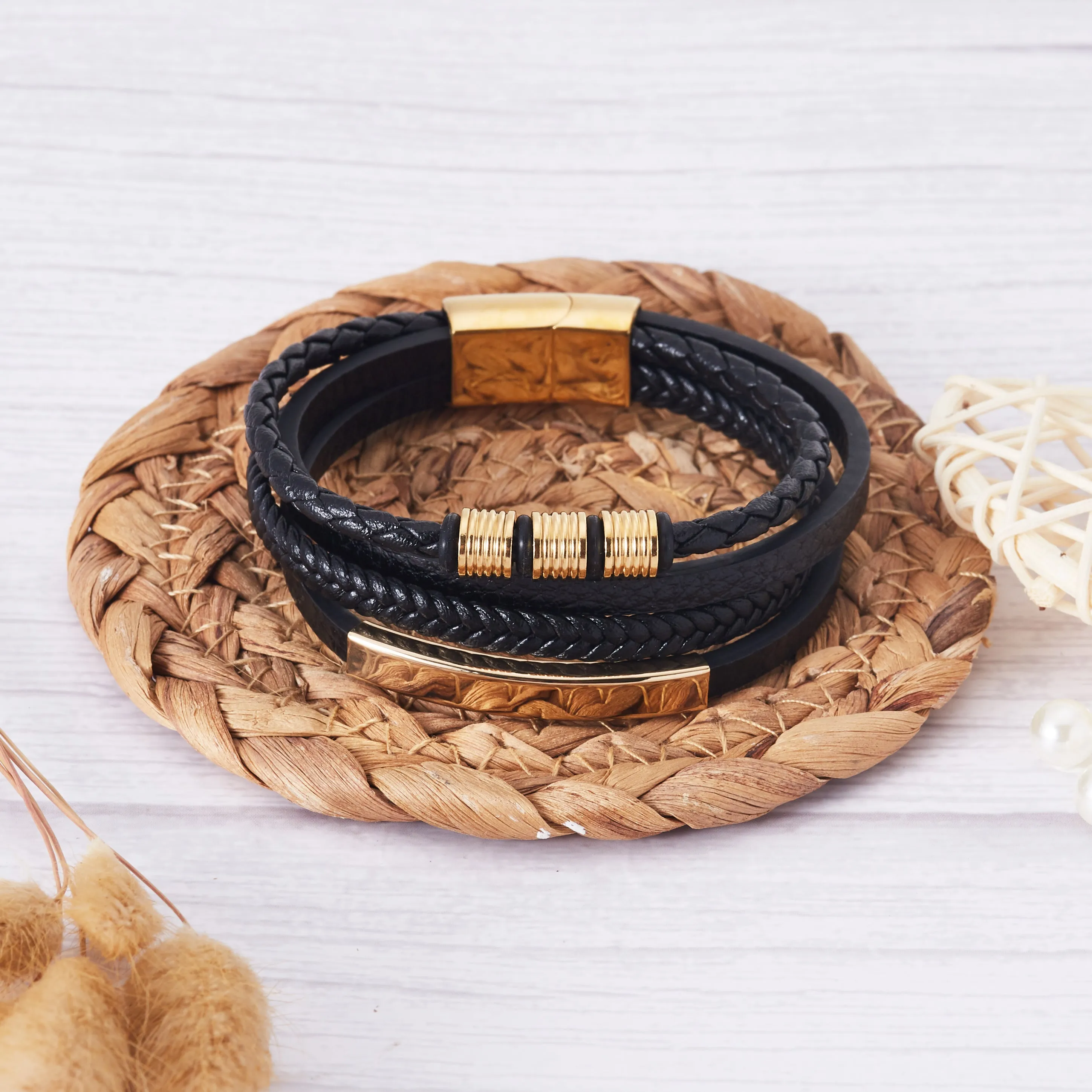 Men's Gold Plated Steel Genuine Black Leather Double Braided Bracelet