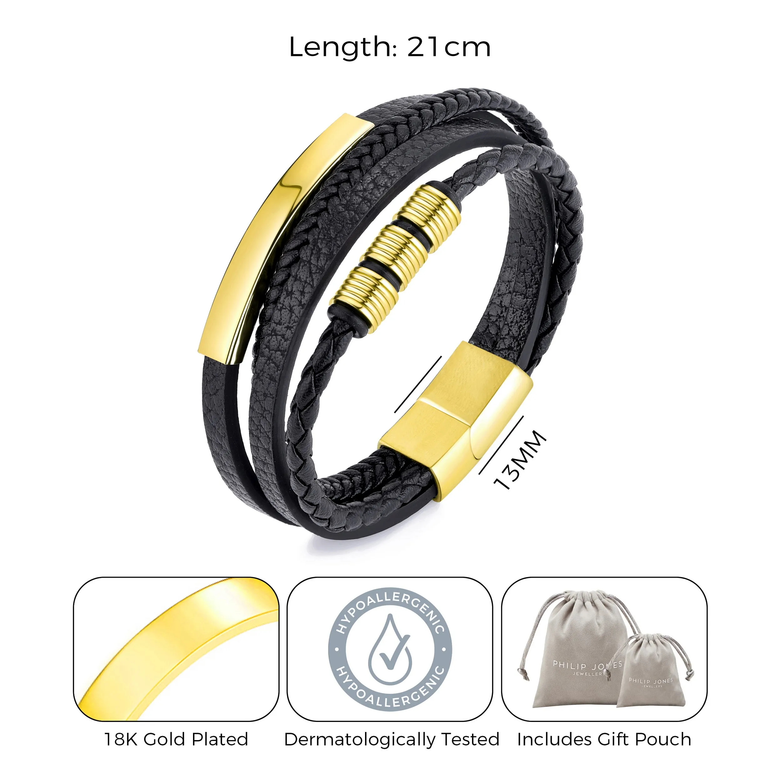 Men's Gold Plated Steel Genuine Black Leather Double Braided Bracelet