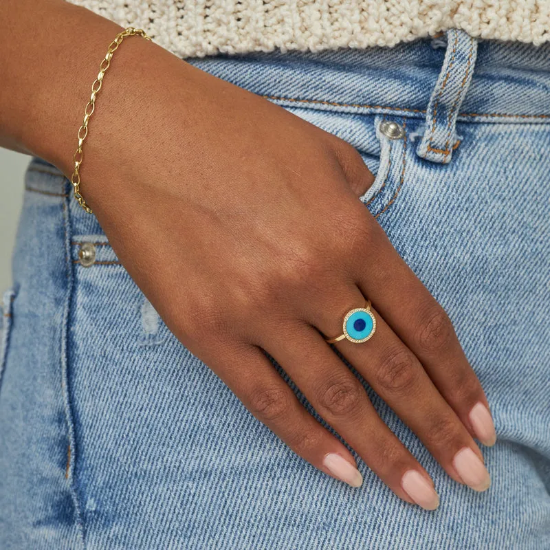 Mini Turquoise Inlay Evil Eye Ring with Diamonds