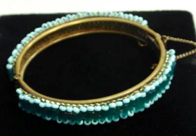 MIRIAM HASKELL Mesh Hinged Bracelet with Blue Bugle and Seed Beads Signed with Chain