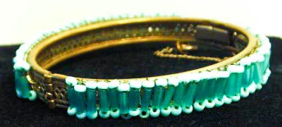 MIRIAM HASKELL Mesh Hinged Bracelet with Blue Bugle and Seed Beads Signed with Chain